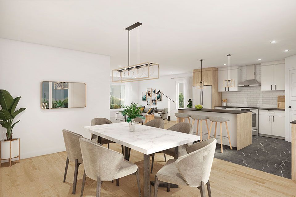 vue d'artiste d'une salle à manger avec table et chaises.