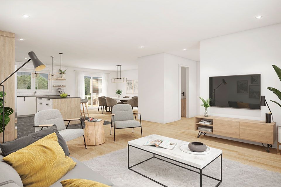 un salon avec un canapé, des chaises, une table basse et une télévision.