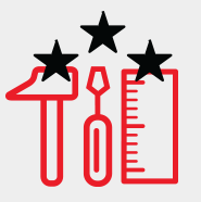 une icône rouge et noire représentant un marteau, une règle et trois étoiles.