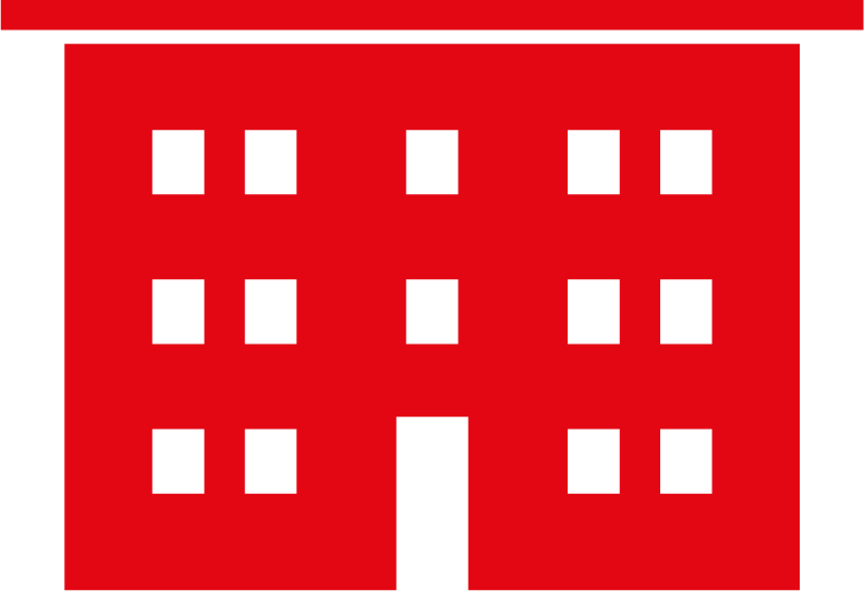 un bâtiment rouge avec des carrés blancs sur un fond blanc.