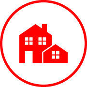Icône d'une maison rouge et une maison plus petite sont dans un cercle rouge.