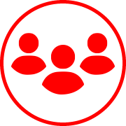 Icône de trois personnes rouges sont dans un cercle rouge sur fond blanc.