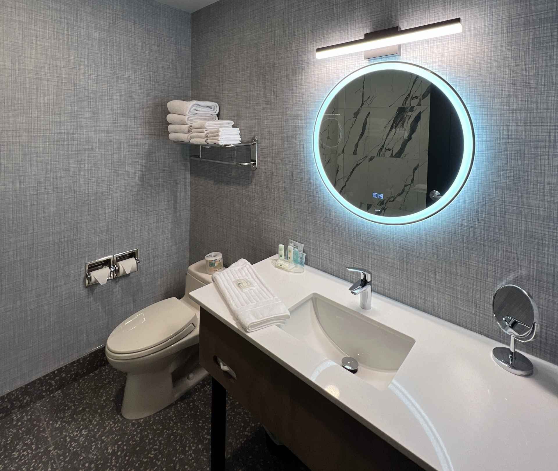 Une salle de bain avec WC, lavabo et miroir.