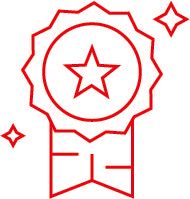une icône de ligne rouge représentant un ruban avec une étoile au milieu.