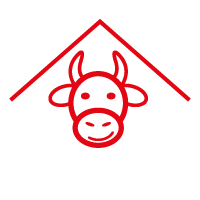 une icône rouge représentant une tête de vache sous un toit.