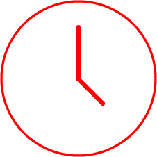 un cercle rouge avec une horloge à l'intérieur sur un fond blanc.