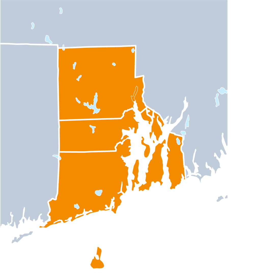 Map of Rhode Island in orange, highlighting its land area.