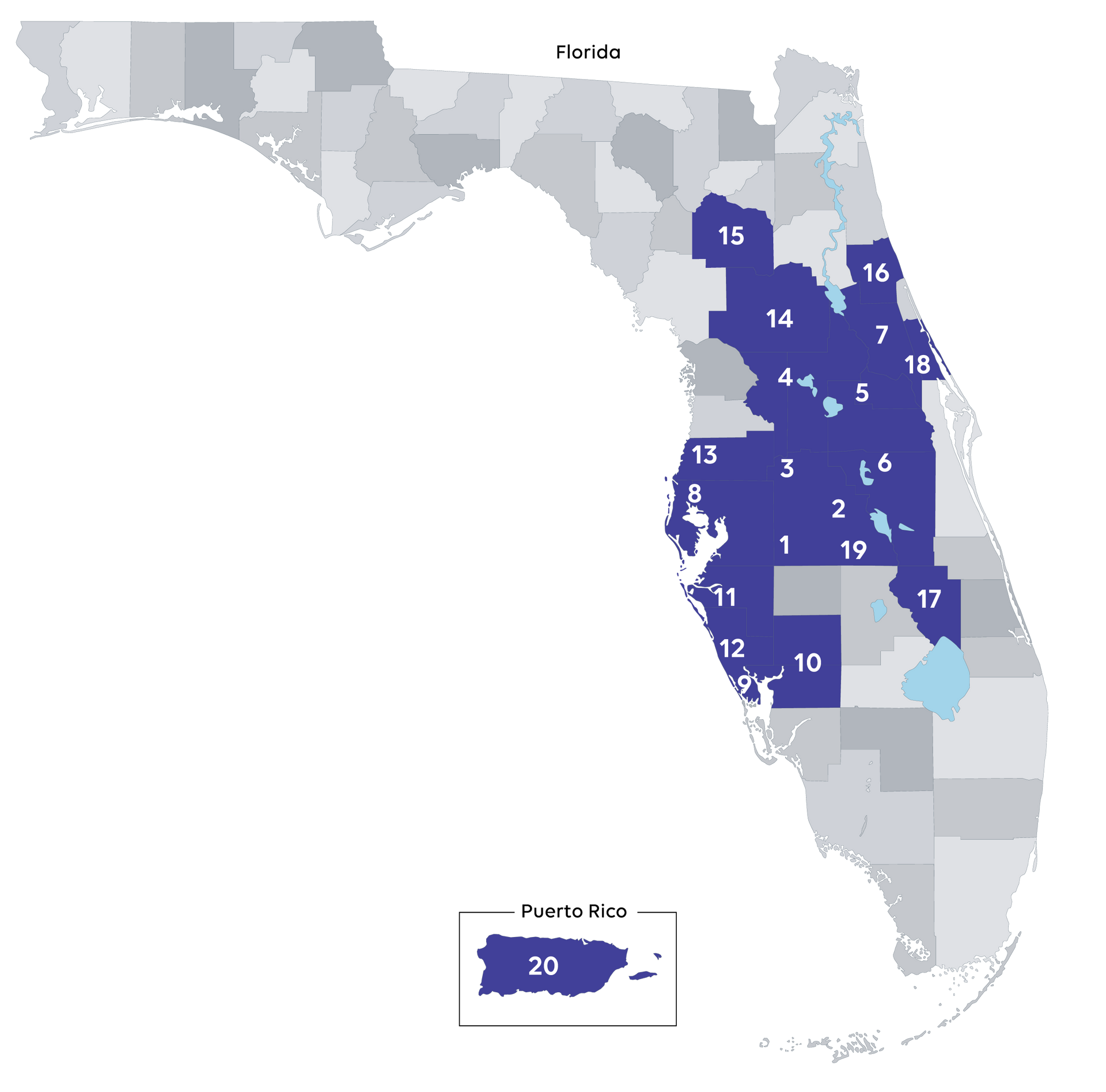 A map of the state of florida with blue areas