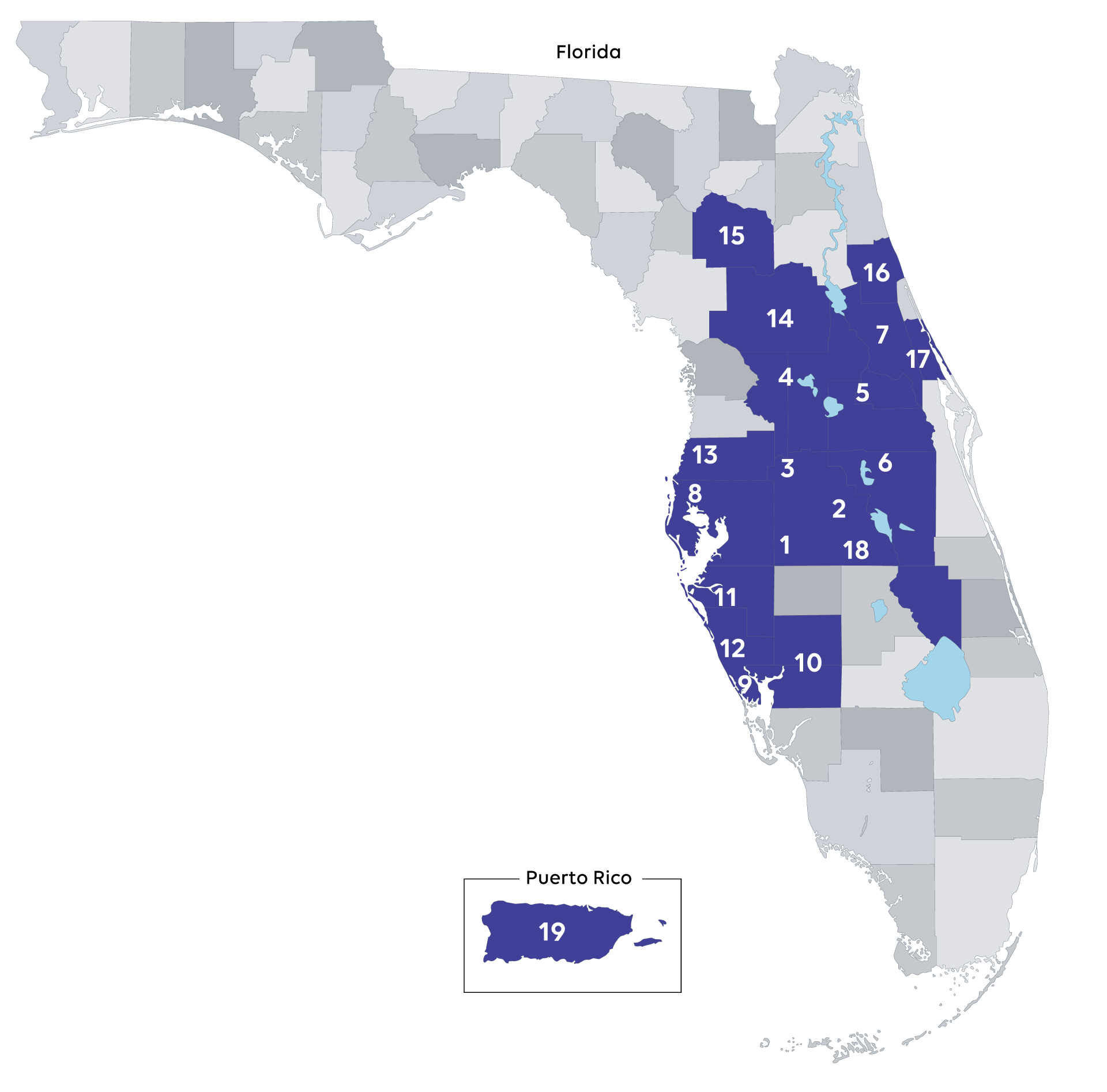 A map of the state of florida with blue areas