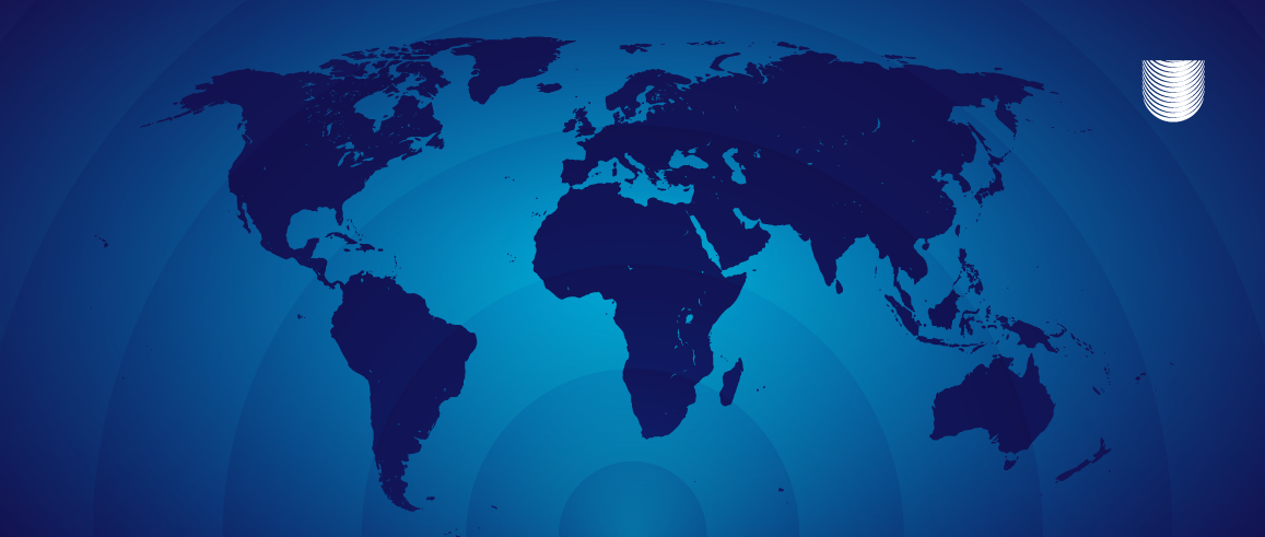 World map in dark blue on a lighter blue gradient background, with a white logo in the upper right corner.