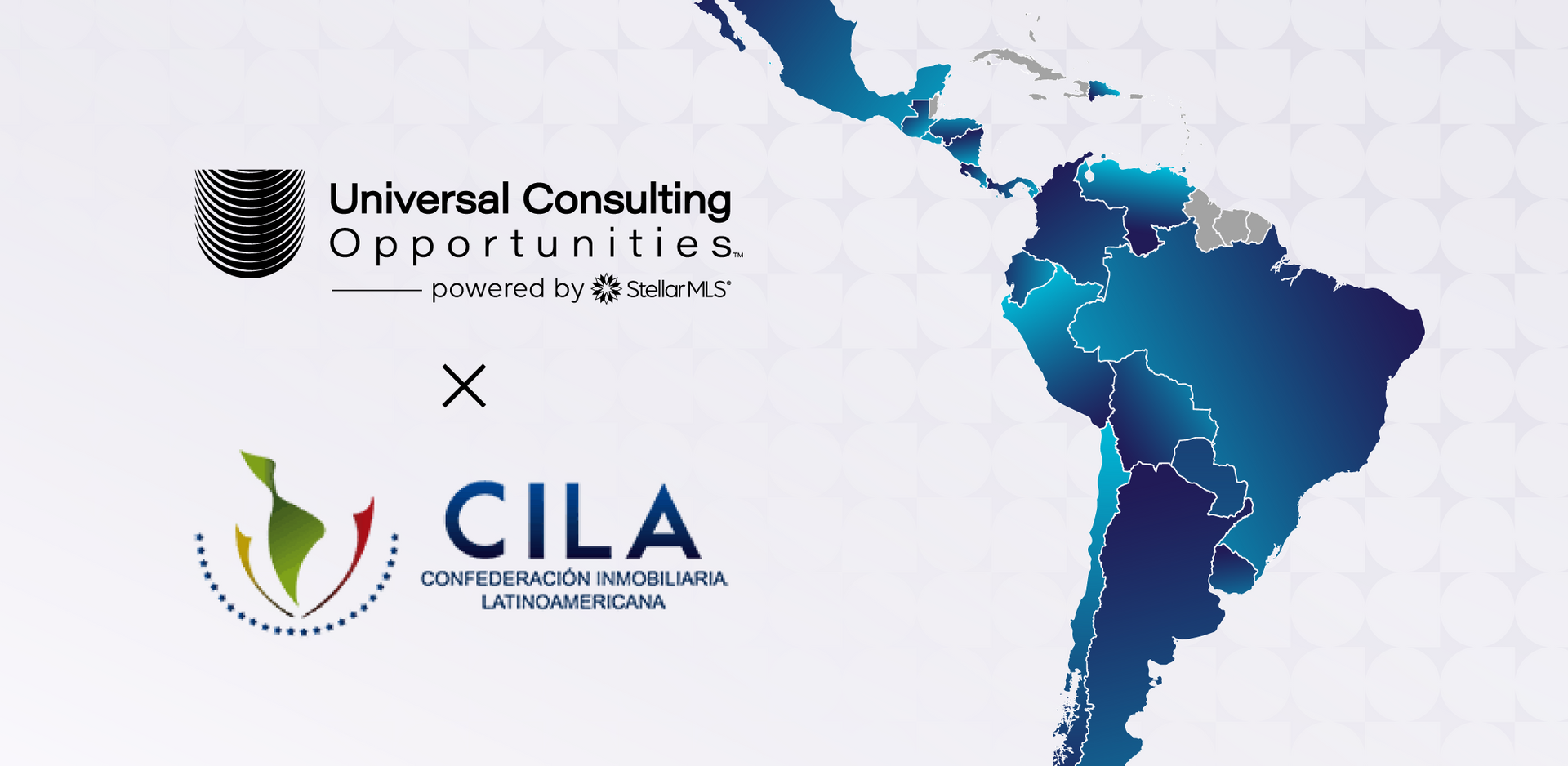 Logos of Universal Consulting Opportunities and CILA over a map of the Americas.
