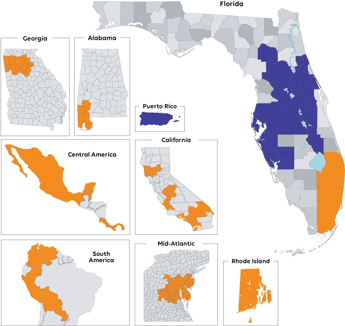 A map of the united states showing the states in blue