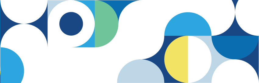 A blue and white geometric pattern with circles on a white background.