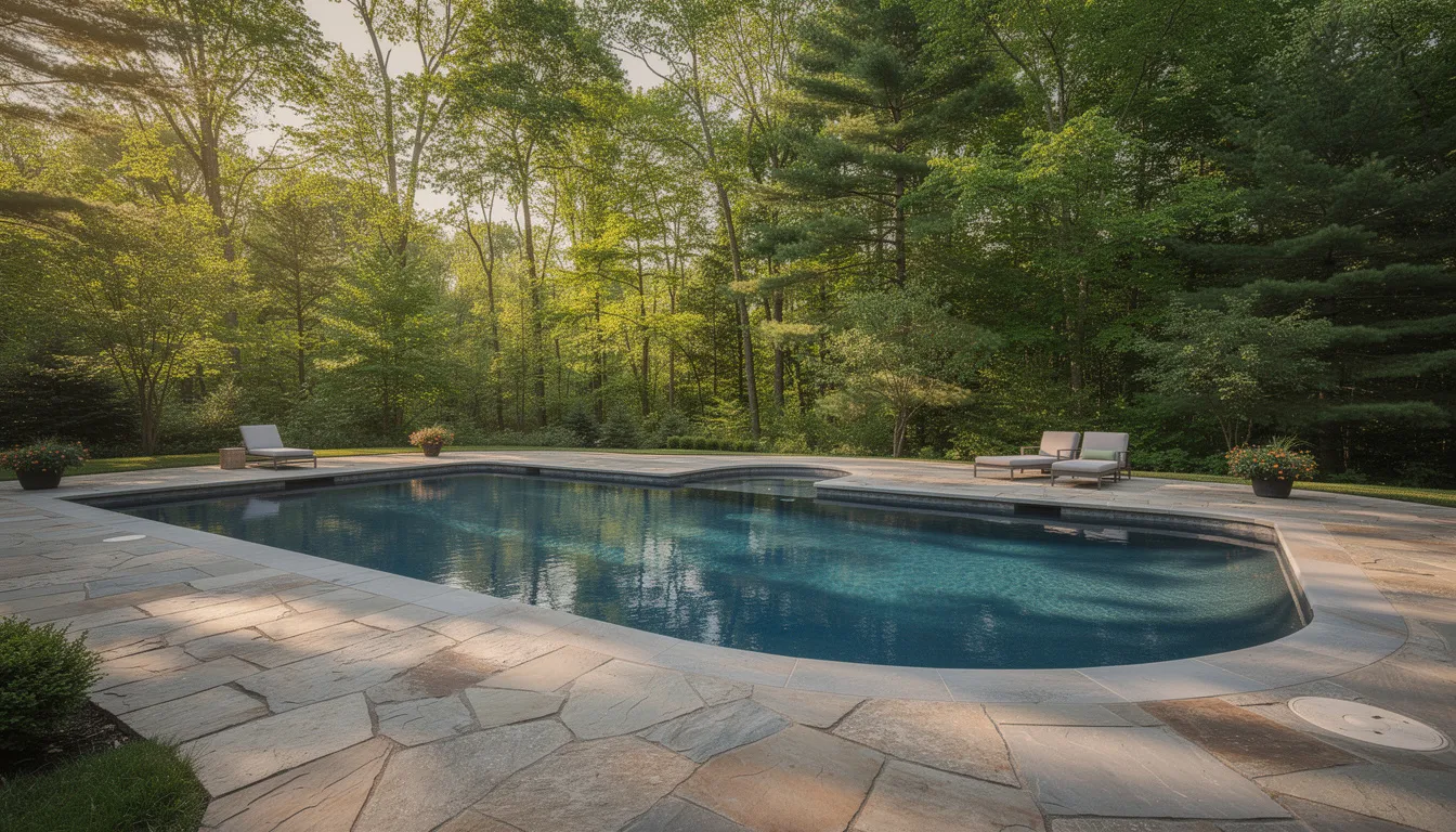 The image showcases an elegant gunite pool nestled within a Northern New Jersey backyard, featuring a natural stone patio and surrounded by mature trees, creating a serene outdoor living experience. This stunning backyard oasis highlights custom pool designs and embodies the beauty and functionality of a dream outdoor environment.