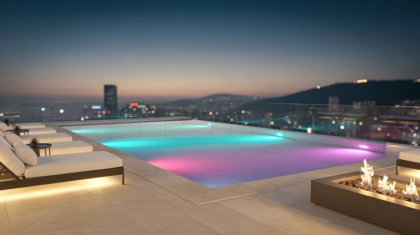 The image depicts a luxurious swimming pool at dusk, beautifully illuminated by colorful LED lighting that reflects off the crystal clear water. This serene setting showcases the elegance of proper pool maintenance, inviting pool owners to enjoy their own backyard oasis.