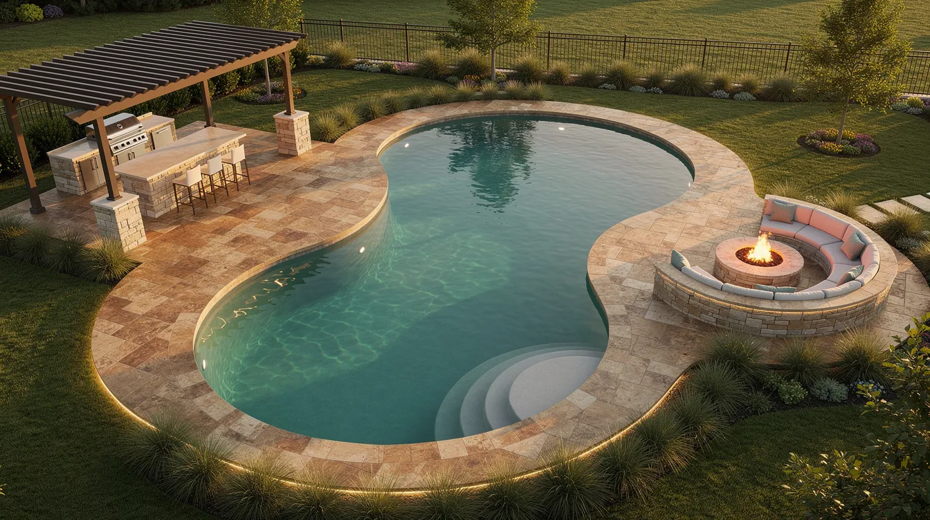An aerial view showcases a custom-shaped inground swimming pool surrounded by a stone patio, featuring an integrated outdoor kitchen and a cozy fire pit, creating an inviting space for relaxation and family gatherings in the backyard. The unique pool shape and design elements highlight the perfect blend of functionality and aesthetics.