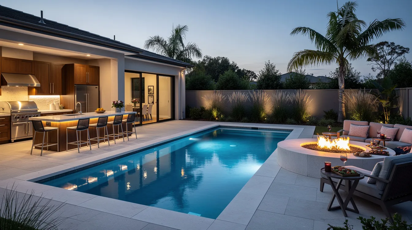 The image showcases a luxurious backyard complete with a sparkling swimming pool, an outdoor kitchen, and a cozy fire pit, perfect for entertaining guests. The scene highlights the importance of proper pool maintenance to ensure crystal clear water and an inviting atmosphere.