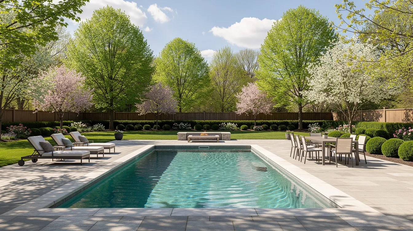 The image depicts a luxurious inground swimming pool nestled in a backyard, surrounded by vibrant spring trees and a stylish patio. This serene setting highlights the beauty of pool care and maintenance, ideal for any pool owner looking to enjoy a clean and inviting space.