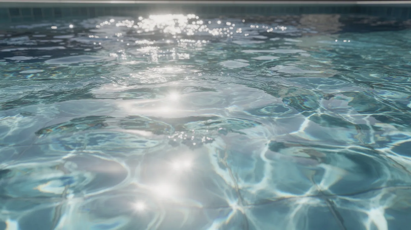 The image features crystal clear pool water shimmering under the sunlight, showcasing the beauty of a well-maintained swimming pool. Proper pool care and maintenance are evident, as the water reflects a pristine quality that invites relaxation and enjoyment.