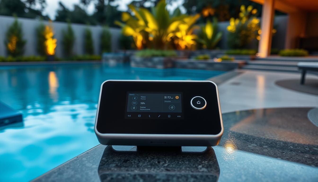 Black control panel with a screen sits poolside, with a pool and lush landscaping in the background.