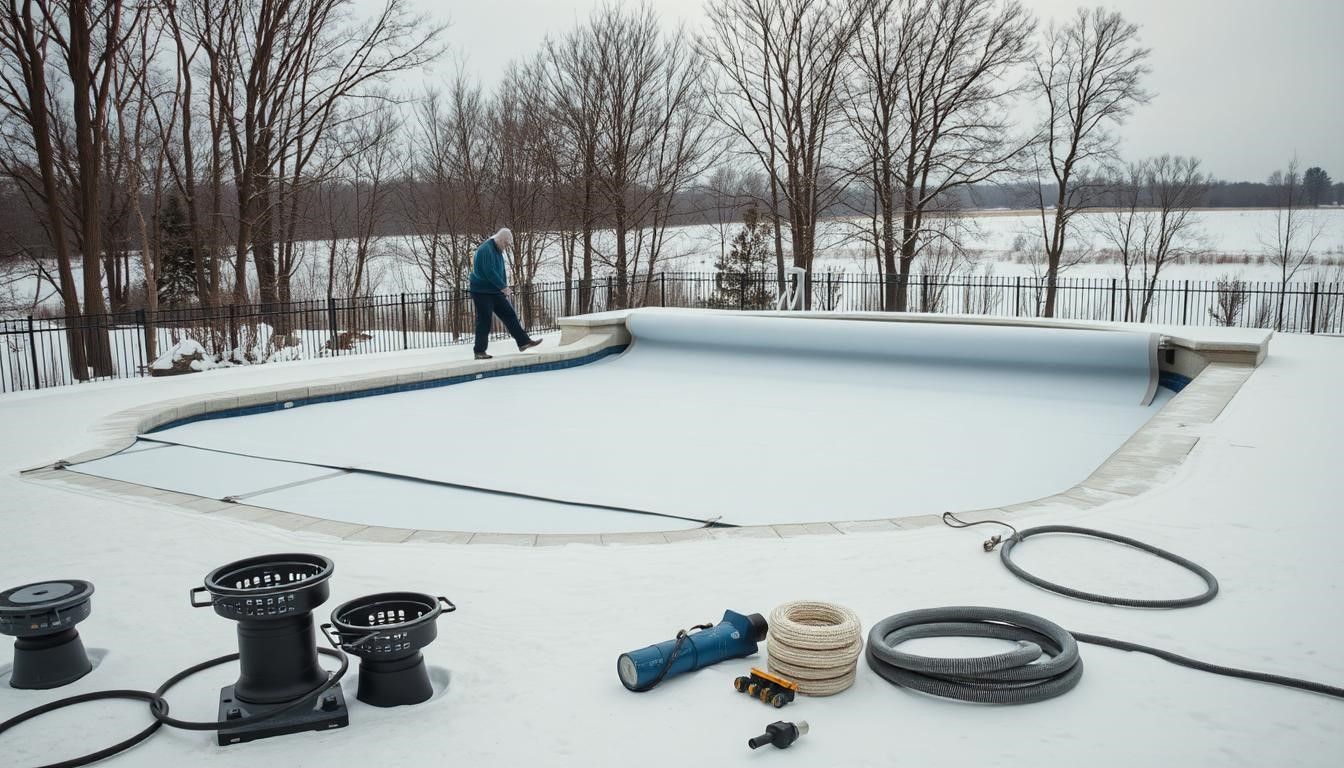 A person near a closed pool in winter. Pool equipment and snow are in the foreground; trees and a field are behind.