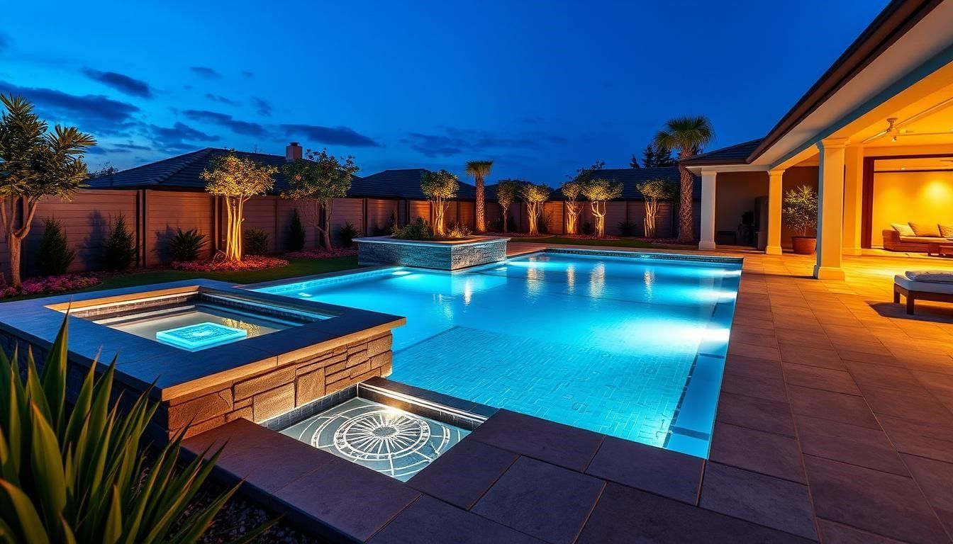 Nighttime view of a luxurious swimming pool with illuminated water and surrounding patio area.