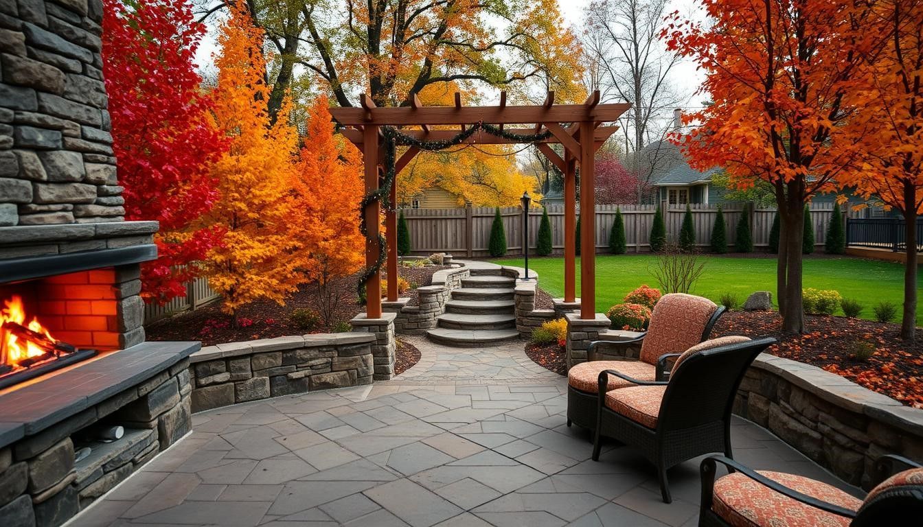 Patio with fireplace, seating, and pergola in a yard surrounded by autumn foliage.