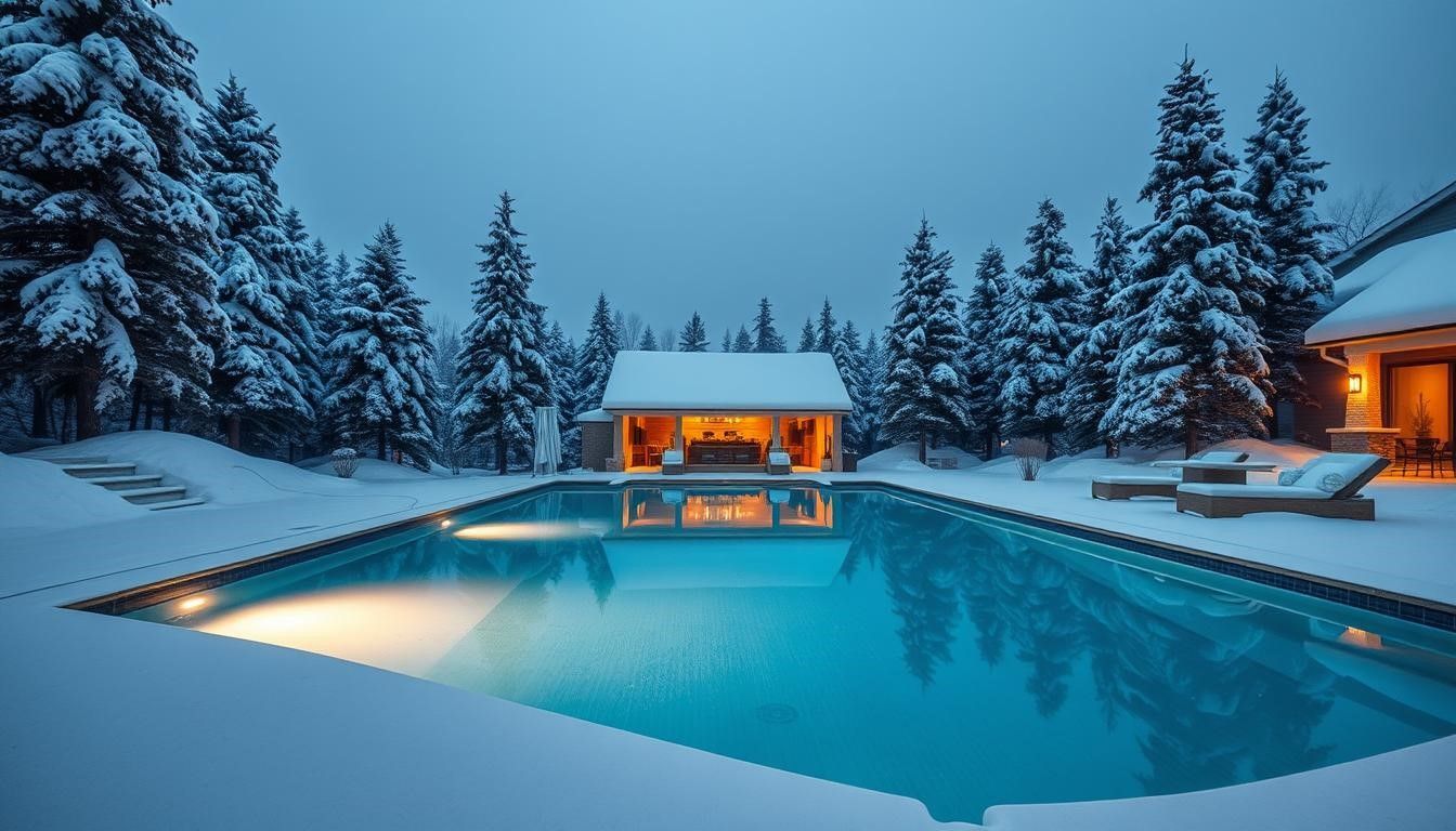 Snowy outdoor pool scene with warm, inviting cabin and evergreen trees.