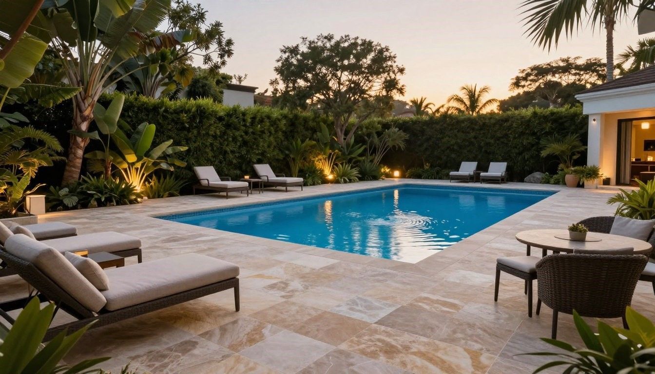 Swimming pool surrounded by lounge chairs, patio furniture, and greenery at dusk.