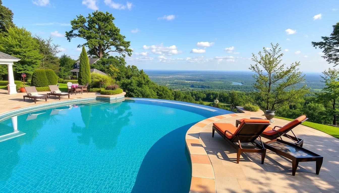 Infinity pool overlooking a scenic vista, with lounge chairs and a clear blue sky.