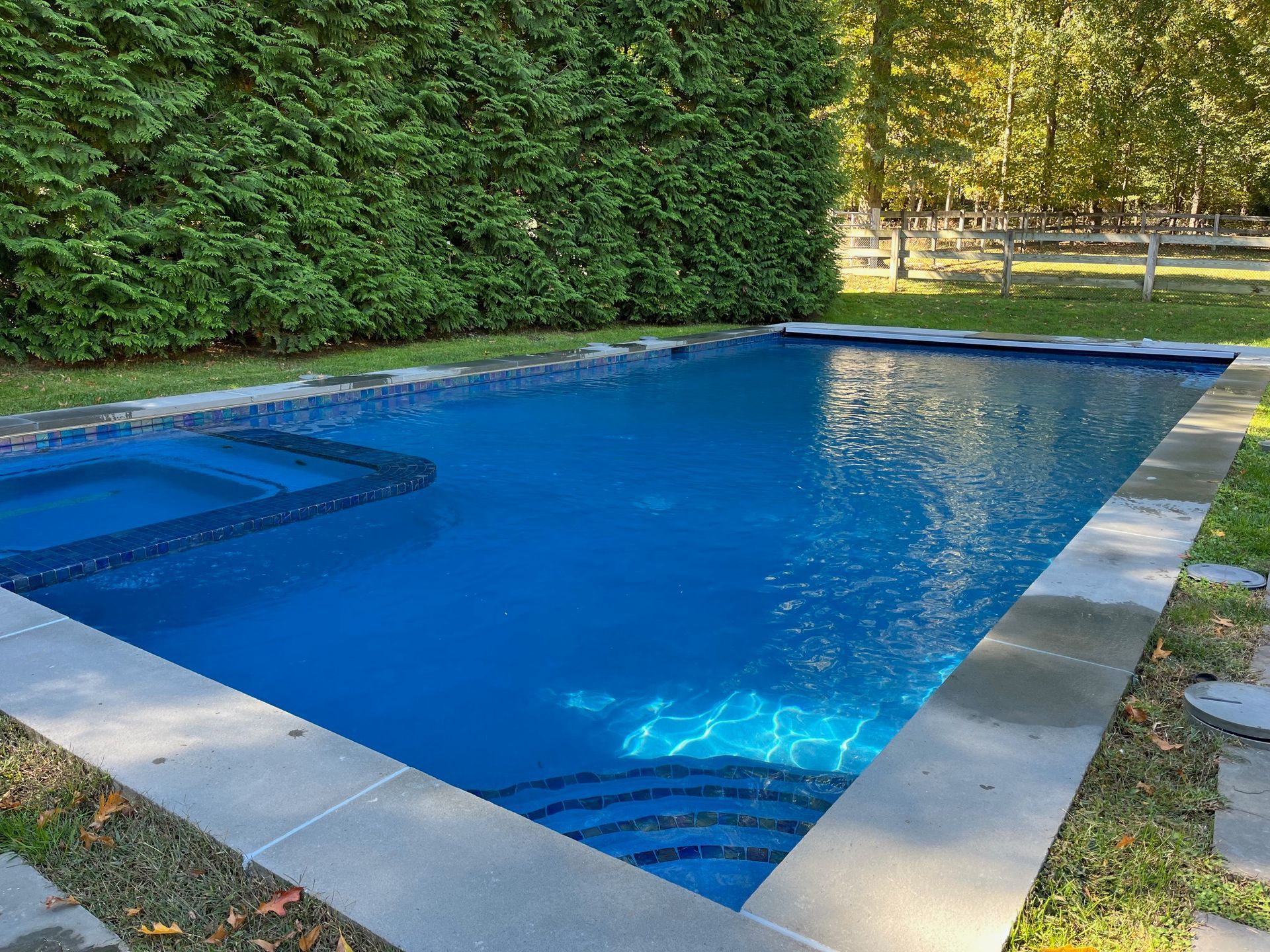 A large swimming pool filled with blue water in a backyard. Serene Pools NJ