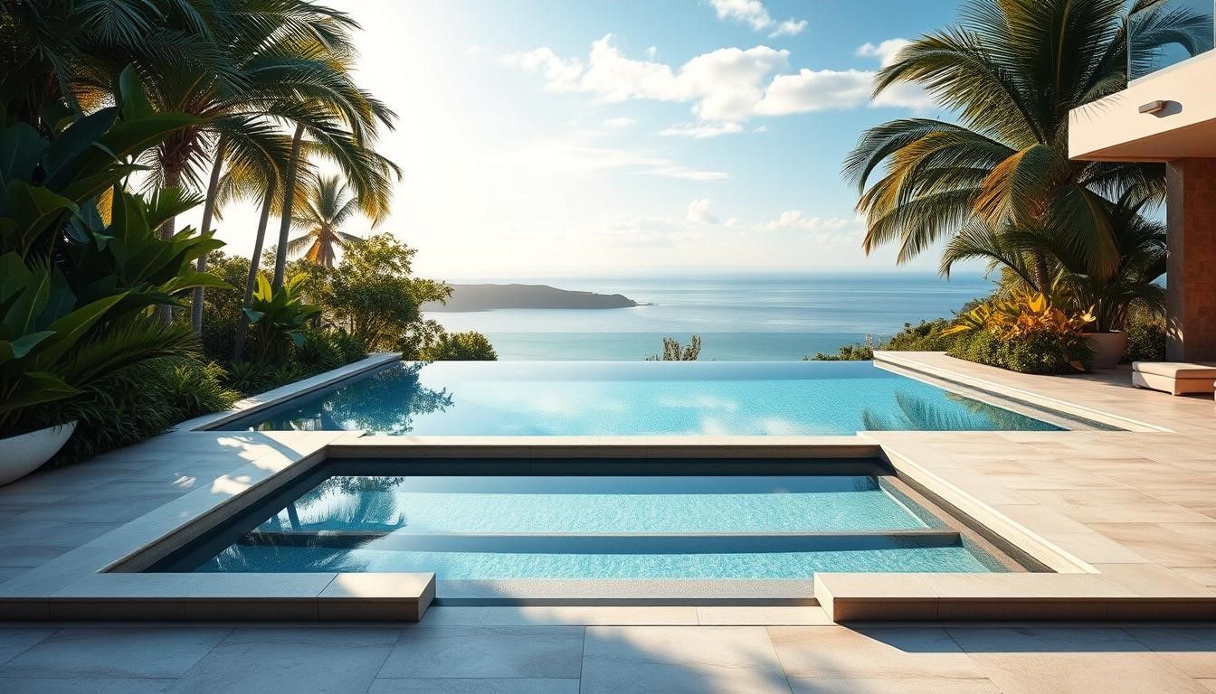 Infinity pool overlooking ocean, with palm trees and a sunny sky.