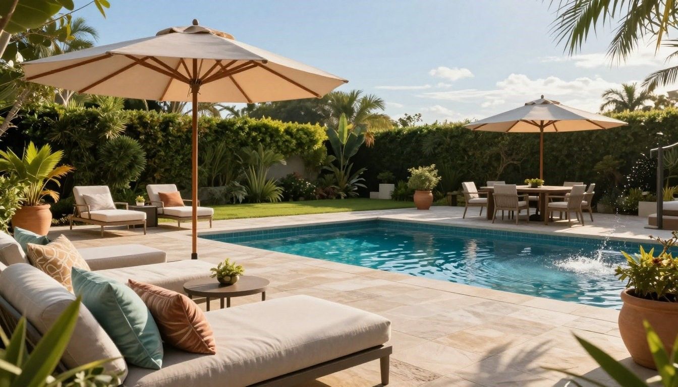 Outdoor pool with lounge chairs, umbrellas, and dining area surrounded by greenery.