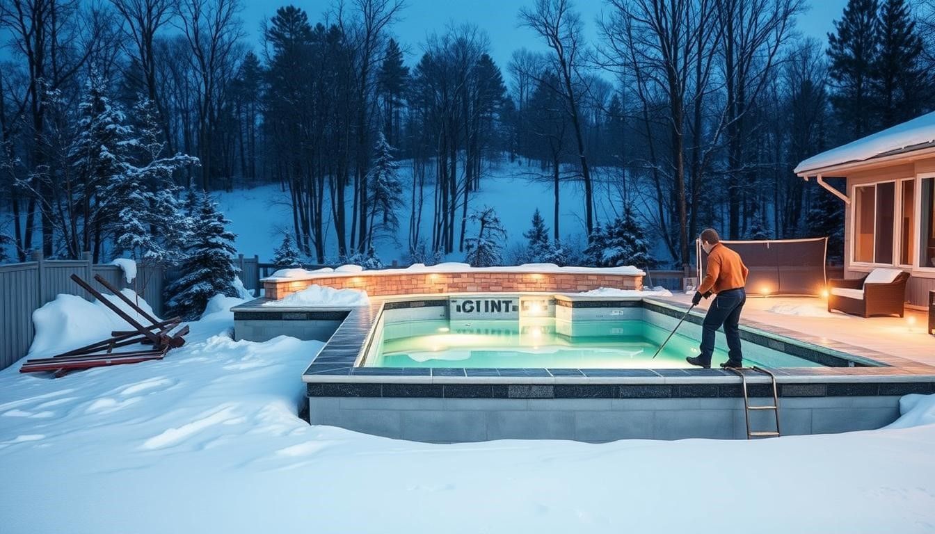 Man cleaning pool in snowy backyard at dusk. Trees in background, house to the right.