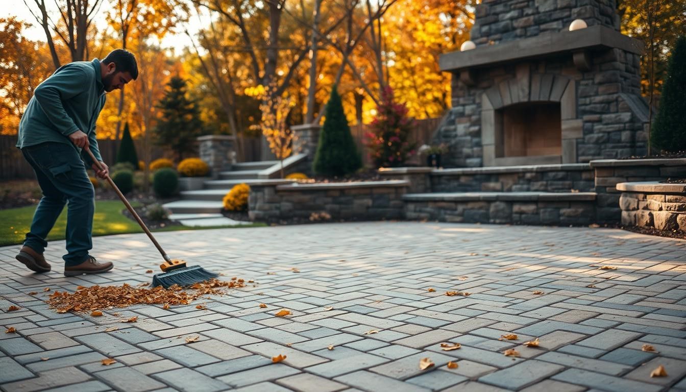 Man rakes leaves on a brick patio near a stone fireplace in a yard with autumn foliage.