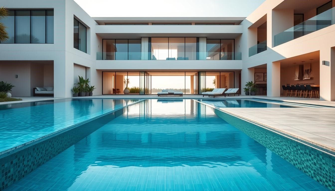 Luxurious white modern home with a large turquoise pool.