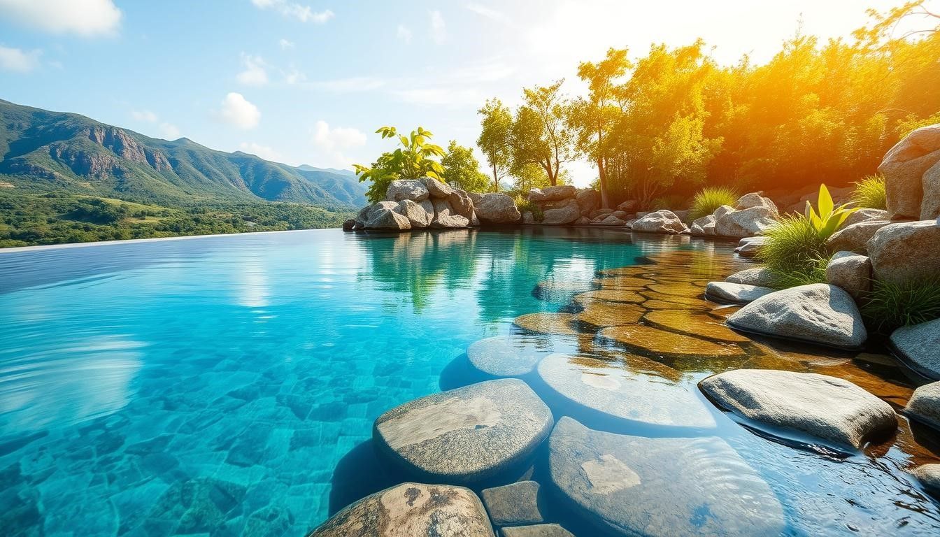 Infinity pool with clear turquoise water, boulders, and lush green vegetation on a sunny day.
