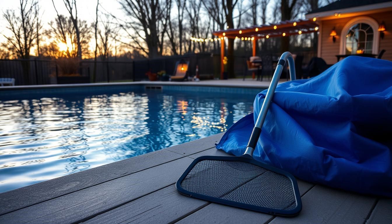 Poolside scene with a net and blue cover at dusk.