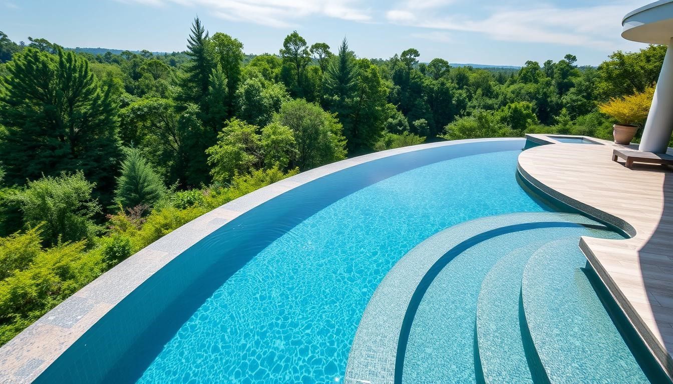A blue, curved infinity pool overlooks a lush green forest on a sunny day.