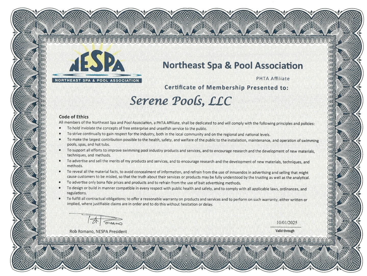 A certificate from the northern spa and pool association for serene pools