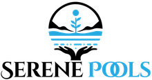 Logo for Serene Pools featuring blue hands holding a stylized pool of water with a plant and sun inside a circular frame.