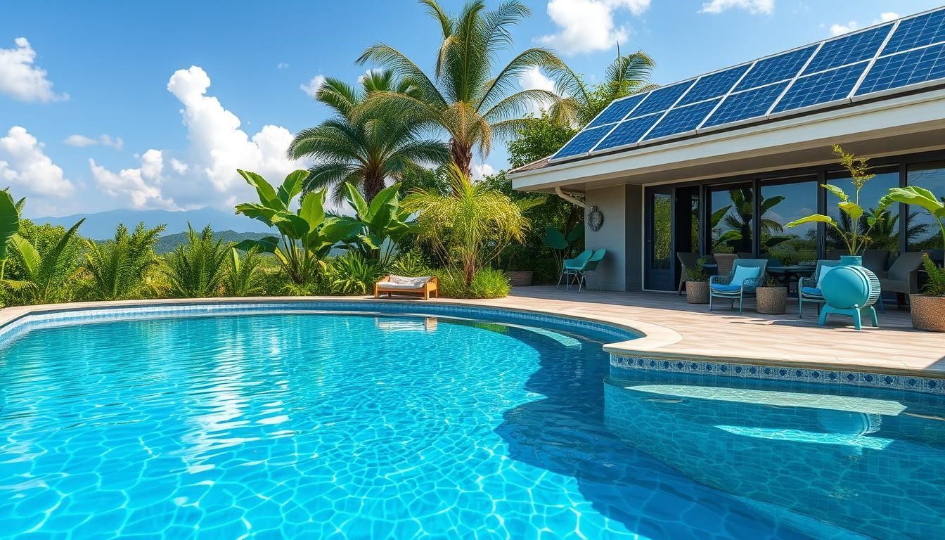 Pool with turquoise water beside a house with solar panels, palm trees, and mountain view under a blue sky.