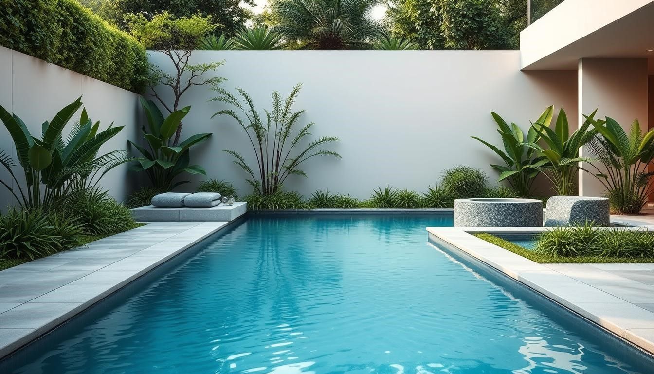 Pool surrounded by lush greenery and modern architecture with white walls.