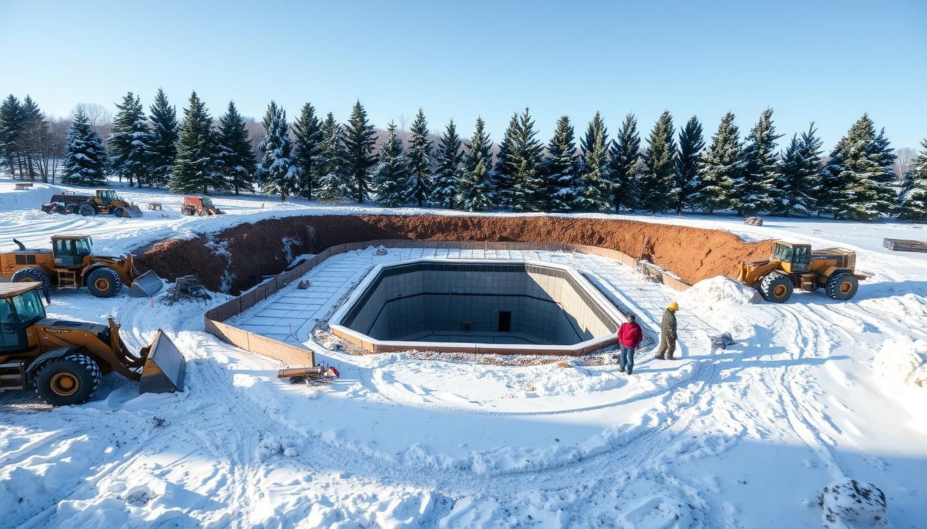 Construction site with excavated pit; two workers, heavy equipment, and snow-covered ground.