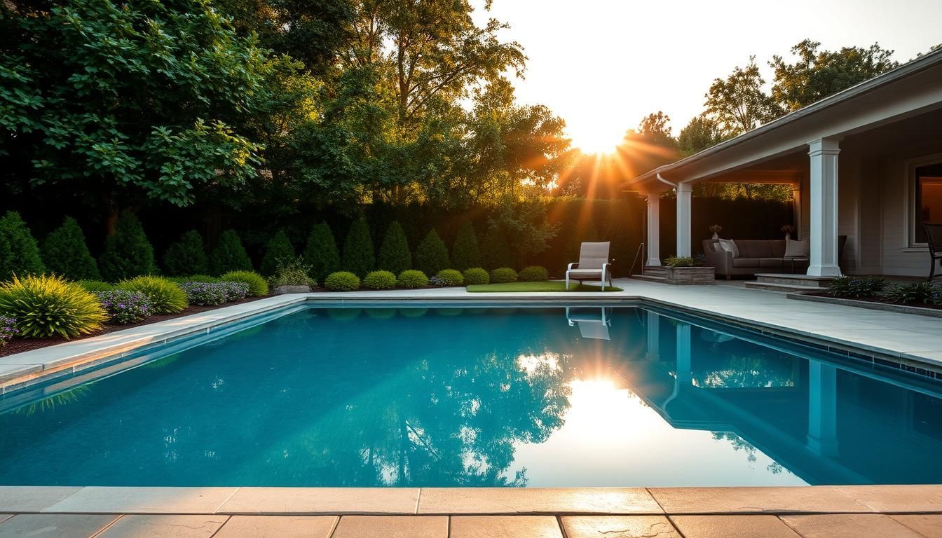 A rectangular swimming pool reflecting the setting sun, with a chair, patio, and house nearby. Lush greenery surrounds the pool area.
