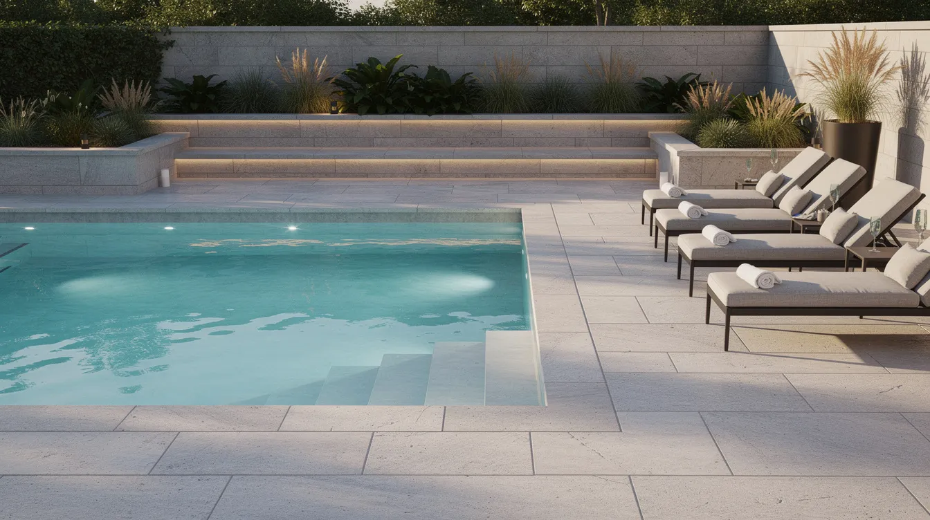 The image depicts a luxury inground swimming pool surrounded by a modern stone patio, featuring comfortable lounge seating for relaxation. This elegant pool area showcases contemporary design elements, perfect for a backyard remodel or renovation project.