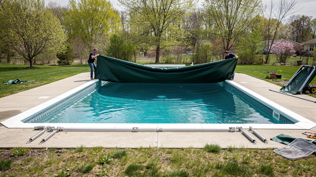 A pool cover is being carefully removed from an inground swimming pool on a sunny spring day, revealing crystal clear pool water ready for the season. The scene emphasizes the importance of proper pool maintenance and care as the pool owner prepares for enjoyable days ahead.