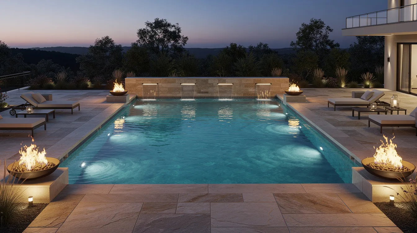 A luxurious inground fiberglass pool is showcased at dusk, featuring illuminated water elements and fire bowls that create a stunning ambiance. The surrounding stone patio enhances this backyard oasis, making it an ideal outdoor space for relaxation and family fun.