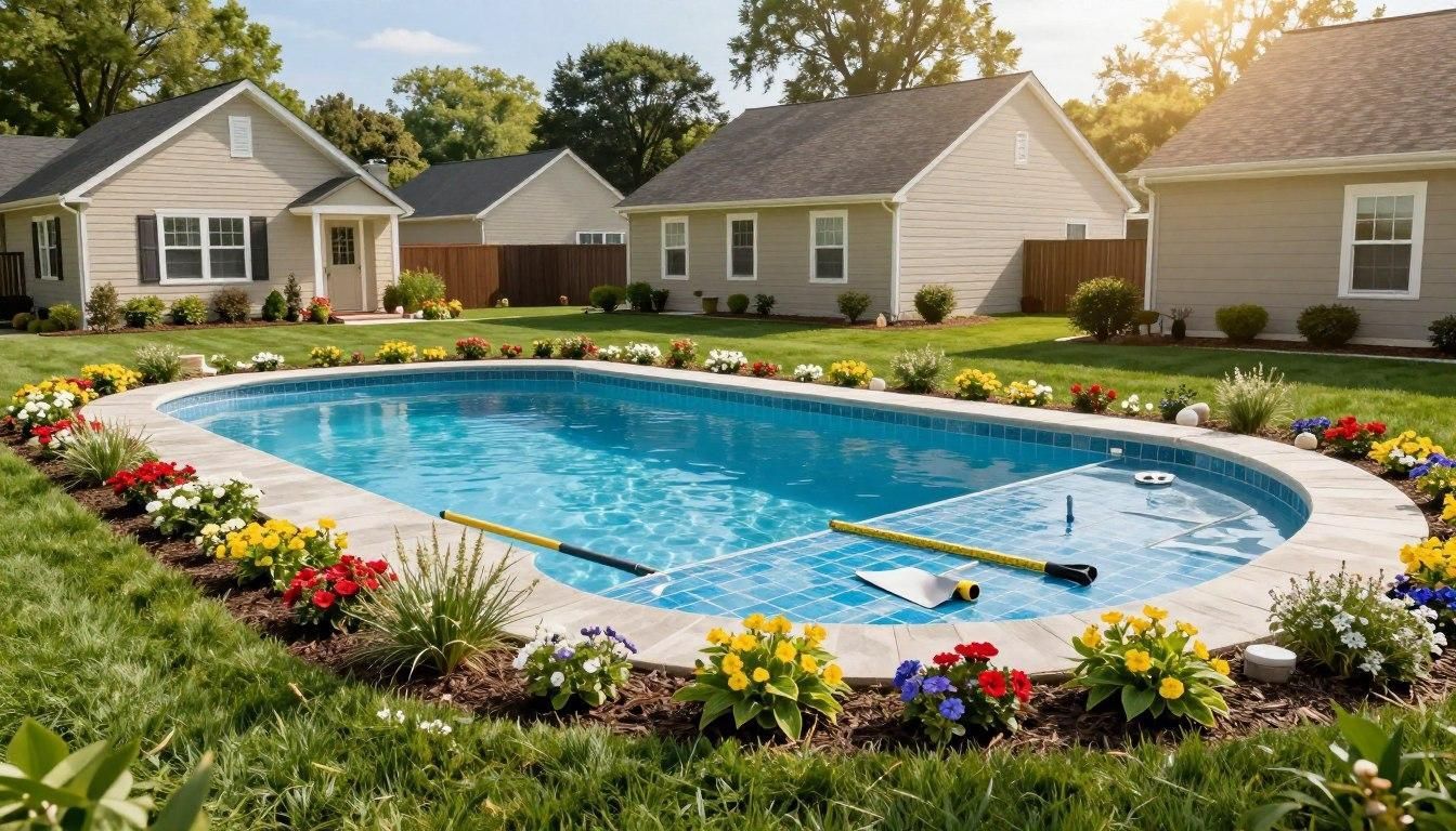 Oval pool surrounded by flowers and landscaping in a backyard setting with houses in the background.