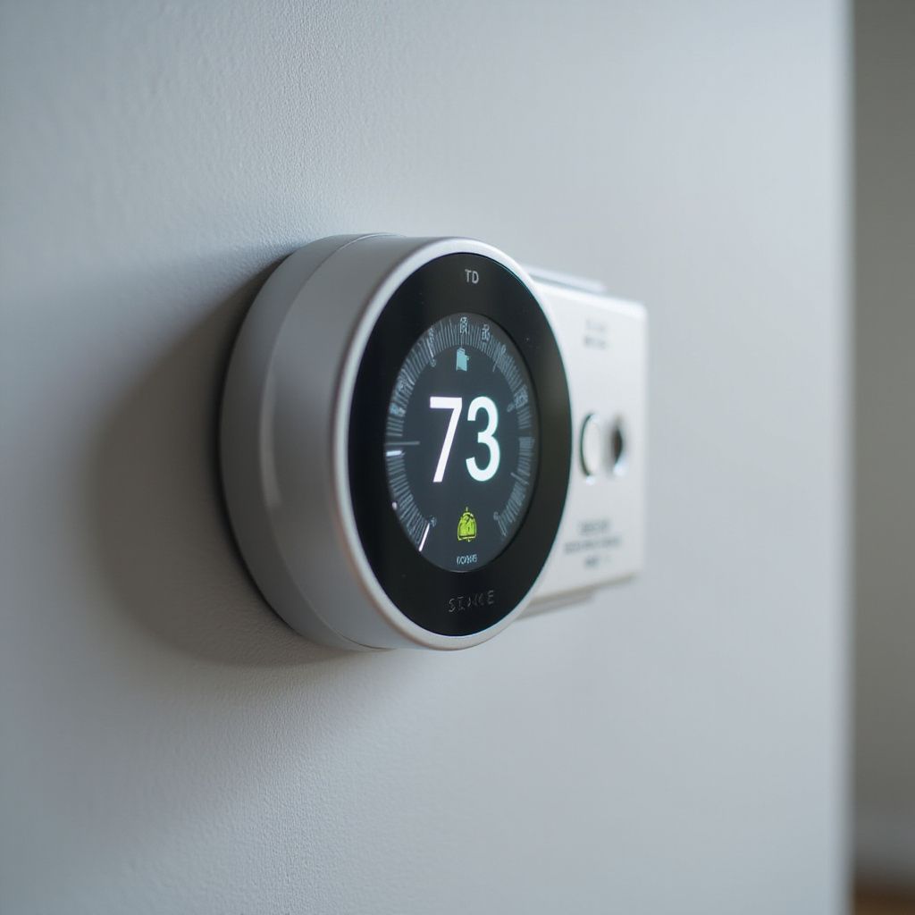 White smart thermostat displaying 73 degrees Fahrenheit on a gray wall.